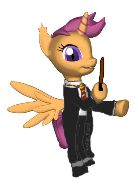 Size: 516x677 | Tagged: safe, derpibooru import, scootaloo, changeling, changepony, hybrid, pegasus, 3d, clothes, female, harry potter, image, pegaling, png, race swap, uniform