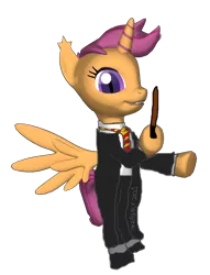 Size: 516x677 | Tagged: safe, derpibooru import, scootaloo, changeling, changepony, hybrid, pegasus, 3d, clothes, female, harry potter, image, pegaling, png, race swap, uniform