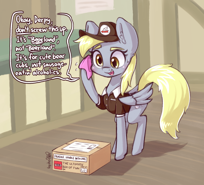 Size: 1481x1344 | Tagged: safe, artist:dsp2003, derpibooru import, derpy hooves, pegasus, pony, clothes, female, image, lego, loss (meme), mailmare, mare, nervous sweat, open mouth, package, png, pun, speech bubble, this will not end well, wordplay