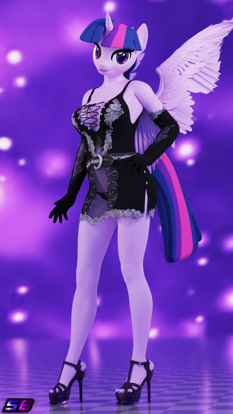 Size: 2160x3840 | Tagged: suggestive, artist:shadowboltsfm, derpibooru import, twilight sparkle, alicorn, anthro, plantigrade anthro, 3d, 4k, big breasts, blender, breasts, busty twilight sparkle, clothes, dress, evening gloves, feet, female, gloves, high heels, image, legs, long gloves, looking at you, not sfm, panties, png, sexy, shoes, simple background, sinfully sexy, smiling, standing, stupid sexy twilight, twilight sparkle (alicorn), underwear