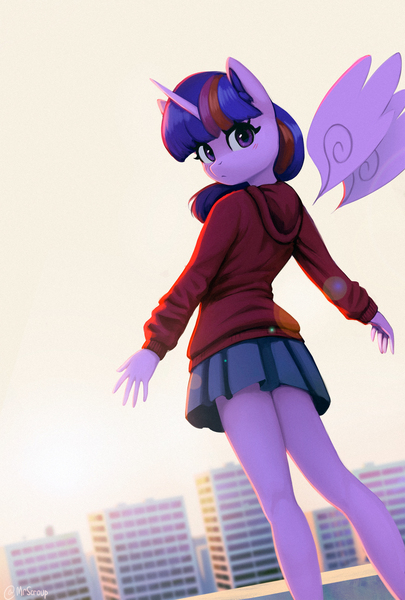 Size: 1500x2224 | Tagged: safe, artist:mrscroup, derpibooru import, twilight sparkle, alicorn, anthro, blushing, clothes, floating wings, hoodie, image, jpeg, looking at you, looking back, looking back at you, skirt, twilight sparkle (alicorn), wings