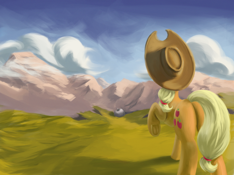 Size: 3000x2250 | Tagged: safe, artist:flusanix, derpibooru import, applejack, earth pony, pony, butt, female, high res, image, mountain, plot, png, scenery, solo