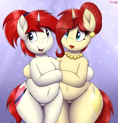 Size: 2865x3000 | Tagged: safe, artist:an-tonio, derpibooru import, oc, oc:golden brooch, oc:silver draw, pony, unicorn, belly button, chubby, female, image, mother and child, mother and daughter, png