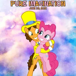 Size: 2016x2016 | Tagged: safe, artist:not-yet-a-brony, derpibooru import, cheese sandwich, pinkie pie, the last laugh, cheesepie, cloud, female, hug, husband and wife, image, imagination, lyrics in the description, male, movie reference, png, pure imagination, shipping, song reference, straight, willy wonka and the chocolate factory, youtube link in the description