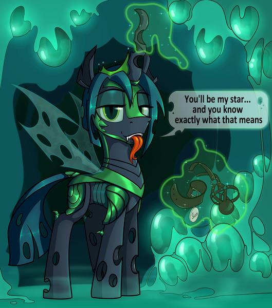 Size: 4500x5100 | Tagged: questionable, artist:dacaoo, derpibooru import, queen chrysalis, oc, oc:swarmlord dyson, changeling, changeling queen, ballgag, bridle, collar, dialogue, dyson sphere, female, gag, glowing horn, horn, image, king metamorphosis, levitation, lidded eyes, magic, male, pet tag, png, quadrupedal, rule 63, solo, stealth pun, tack, telekinesis, tongue out
