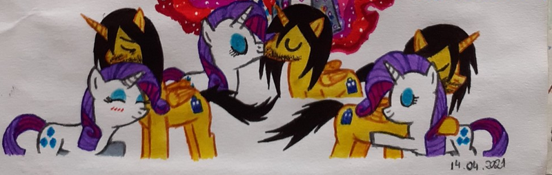 Size: 965x306 | Tagged: safe, artist:karadeg, derpibooru import, rarity, oc, oc:karadeg, hug, image, kissing, png