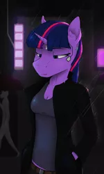 Size: 3000x5000 | Tagged: safe, artist:apuljack, derpibooru import, twilight sparkle, alicorn, anthro, breasts, cleavage, cyberpunk, ear fluff, hands in pockets, image, png, rain, solo