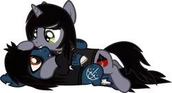 Size: 2324x1266 | Tagged: safe, artist:lightningbolt, derpibooru import, oc, ponified, ponified:kellin quinn, ponified:oliver sykes, earth pony, pony, undead, unicorn, zombie, zombie pony, .svg available, bone, bring me the horizon, clothes, derpibooru exclusive, disguise, disguised siren, fangs, gay, happy, horn, hug, image, jewelry, lidded eyes, lip piercing, long sleeves, lying down, male, necklace, on back, piercing, png, scar, shipping, shirt, simple background, sleeping with sirens, slit eyes, smiling, stallion, stitches, t-shirt, tattoo, torn ear, transparent background, vector