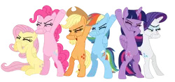 Size: 1280x605 | Tagged: safe, artist:lsalusky, derpibooru import, applejack, fluttershy, pinkie pie, rainbow dash, rarity, twilight sparkle, twilight sparkle (alicorn), alicorn, earth pony, pegasus, pony, unicorn, applejack's hat, beatboxing, bipedal, cowboy hat, cutie mark, eyes closed, feathered wings, female, females only, folded wings, front view, group, hair, hat, hooves, horn, image, mane six, png, raised hoof, raised leg, simple background, sitting, standing, tail, three quarter view, transparent background, wings