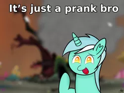 Size: 2000x1500 | Tagged: safe, artist:limitmj, derpibooru import, edit, edited screencap, screencap, lyra heartstrings, pony, unicorn, twilight's kingdom, destruction, female, golden oaks library, image, it's just a prank bro, l.u.l.s., library, png, prank, ruins, solo