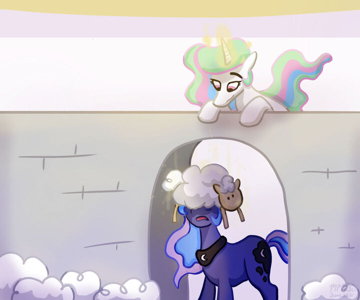 Size: 1280x1067 | Tagged: safe, artist:kirbyliscious, derpibooru import, princess celestia, princess luna, alicorn, pony, sheep, atg 2021, female, image, jpeg, newbie artist training grounds, prank