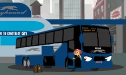 Size: 1199x720 | Tagged: safe, artist:electrahybrida, derpibooru import, sunset shimmer, oc, oc:greyson the greyhound bus, equestria girls, equestria girls series, briefcase, bus, bus station, canterlot city, derpibooru exclusive, greyhound, image, luggage, png, running