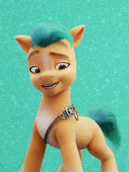 Size: 562x750 | Tagged: safe, derpibooru import, screencap, hitch trailblazer, earth pony, pony, my little pony: a new generation, spoiler:g5, spoiler:my little pony: a new generation, animated, cropped, eyebrow wiggle, g5, gif, image, looking at you, male, smiling, smiling at you, solo, stallion