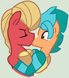 Size: 575x646 | Tagged: safe, artist:box-of-ideas, artist:jadethepegasus, derpibooru import, hitch trailblazer, sprout cloverleaf, earth pony, pony, base used, clothes, eyes closed, french kiss, g5, gay, gray background, hitchsprout, hug, image, kissing, male, markings, png, shipping, simple background, socks, stallion, striped socks