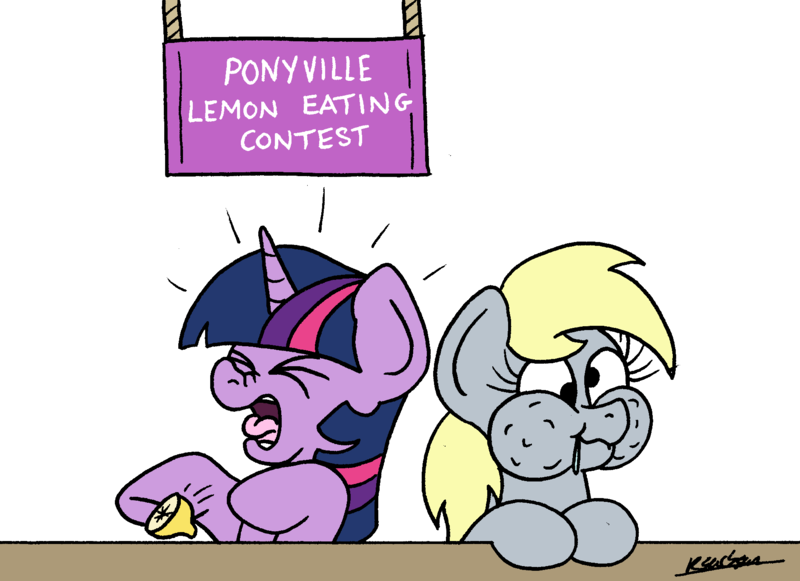 Size: 1880x1366 | Tagged: safe, artist:bobthedalek, derpibooru import, derpy hooves, twilight sparkle, twilight sparkle (alicorn), alicorn, pegasus, pony, atg 2021, banner, contest, drool, food, image, lemon, newbie artist training grounds, png