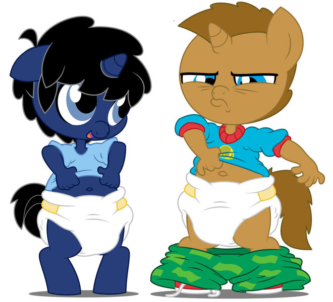 Size: 1600x1455 | Tagged: safe, artist:evilfrenzy, derpibooru import, oc, oc:frenzy, oc:ned, anthro, unguligrade anthro, unicorn, age regression, belly button, chuckie finster, clothes, diaper, frown, image, jpeg, open mouth, pouting, pouty lips, rugrats, sad, shirt, shirt lift, shoes, shorts, shorts pulled down, sneakers, tommy pickles