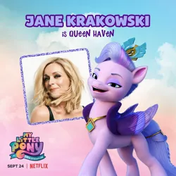 Size: 1080x1080 | Tagged: safe, derpibooru import, official, queen haven, human, pegasus, pony, my little pony: a new generation, female, g5, image, irl, irl human, jane krakowski, jpeg, mare, my little pony: a new generation logo, netflix logo, photo, text