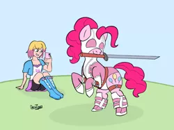 Size: 4098x3072 | Tagged: safe, artist:datzigga, derpibooru import, pinkie pie, earth pony, human, pony, clothes swap, crossover, gwenpool, image, mobile phone, mouth hold, phone, png, sword, weapon