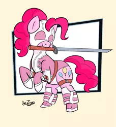 Size: 2595x2846 | Tagged: safe, artist:datzigga, derpibooru import, pinkie pie, earth pony, pony, clothes, cosplay, costume, gwenpool, image, mouth hold, png, sword, weapon