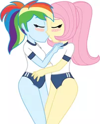 Size: 1203x1486 | Tagged: safe, artist:charliexe, artist:wolf, artist:yaya54320bases, derpibooru import, fluttershy, rainbow dash, human, equestria girls, base used, blushing, buruma, clothes, duo, duo female, eyes closed, female, flutterdash, gym uniform, image, kissing, lesbian, png, ponytail, shipping, shirt, simple background, sports outfit, sports panties, t-shirt, white background