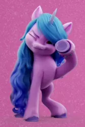 Size: 462x692 | Tagged: safe, derpibooru import, screencap, izzy moonbow, g5, my little pony: a new generation, spoiler:my little pony: a new generation, cropped, image, looking at you, one eye closed, png, raised hoof, solo, underhoof