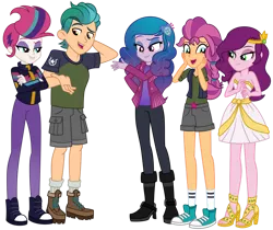 Size: 1024x861 | Tagged: safe, artist:emeraldblast63, derpibooru import, hitch trailblazer, izzy moonbow, pipp petals, sunny starscout, zipp storm, equestria girls, my little pony: a new generation, bomber jacket, boots, cargo shorts, clothes, dress, equestria girls-ified, floral head wreath, flower, g5, g5 to equestria girls, hairpin, high heels, image, jacket, jeans, open-toed shoes, pants, pigtails, png, sandals, shirt, shoes, shorts, sneakers, socks, t-shirt, toes