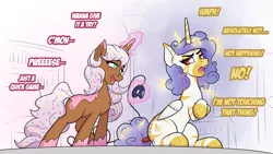 Size: 3840x2160 | Tagged: safe, artist:cocaine, derpibooru import, oc, oc:donut daydream, oc:princess coke, unofficial characters only, alicorn, pony, unicorn, zebra, annoyed, commission, controller, dialogue, gaming, horn, image, magic, magic aura, open mouth, png, unicorn oc, zebra oc