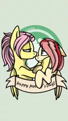 Size: 720x1280 | Tagged: safe, artist:lisaartista365, derpibooru import, fluttershy, oc, oc:flowercore, pegasus, pony, alternate hairstyle, duo, female, filly, fluttermom, image, looking at each other, mare, mother and child, mother and daughter, mother's day, offspring, parent:big macintosh, parent:fluttershy, parents:fluttermac, png