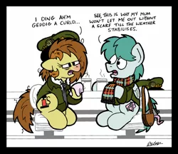 Size: 1024x883 | Tagged: safe, artist:bobthedalek, derpibooru import, oc, oc:bubble pump, oc:clippy ticket, unofficial characters only, earth pony, pegasus, pony, comic:trottingham transport, bag, chair, clothes, cold, handkerchief, hat, image, jacket, jpeg, messy mane, mug, red nosed, scarf