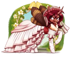 Size: 2500x1955 | Tagged: safe, artist:king-kakapo, derpibooru import, oc, oc:flechette, unofficial characters only, changeling, insect, moth, mothling, original species, bells, clothes, dress, female, flower, flower in hair, horn, image, png, red changeling, simple background, socks, solo, solo female, species swap, transparent background, vein, wedding dress