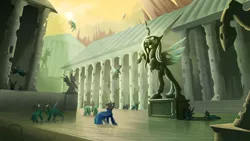 Size: 1280x720 | Tagged: safe, artist:klarapl, derpibooru import, queen chrysalis, changeling, building, clothes, image, jpeg, pillar, statue