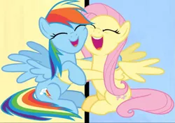 Size: 1091x773 | Tagged: safe, derpibooru import, screencap, fluttershy, rainbow dash, pegasus, pony, fame and misfortune, cheek squish, cropped, cute, dashabetes, duo, eyes closed, female, hug, image, mare, open mouth, png, shyabetes, sitting, smiling, spread wings, squishy cheeks, wings