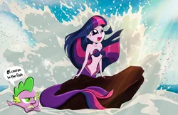 Size: 2111x1368 | Tagged: safe, artist:dan232323, derpibooru import, spike, twilight sparkle, fish, mermaid, equestria girls, image, jpeg, ocean, rock, species swap, text, the little mermaid