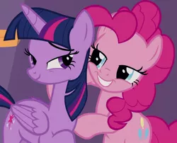 Size: 1201x971 | Tagged: safe, derpibooru import, screencap, pinkie pie, twilight sparkle, twilight sparkle (alicorn), alicorn, earth pony, pony, a trivial pursuit, cropped, duo, eye contact, female, hug, image, jpeg, lidded eyes, looking at each other, mare, smiling, smirk