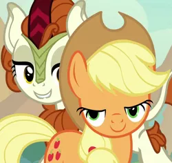 Size: 1144x1080 | Tagged: safe, derpibooru import, screencap, applejack, autumn blaze, earth pony, kirin, pony, sounds of silence, bedroom eyes, cropped, duo, female, image, implied autumnjack, lidded eyes, lip bite, mare, mid-blink screencap, out of context, png, smiling