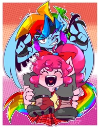 Size: 1024x1324 | Tagged: safe, artist:thegreatrouge, derpibooru import, pinkie pie, rainbow dash, anthro, earth pony, pegasus, alternate hairstyle, boots, bow, clothes, female, fingerless gloves, gloves, grin, hair bow, headband, image, jacket, leather jacket, lesbian, lesbian pride flag, one eye closed, open mouth, pants, pinkiedash, png, pride, pride flag, shipping, shirt, shoes, skirt, smiling, t-shirt, tanktop, wink