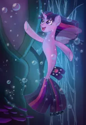 Size: 2013x2930 | Tagged: safe, artist:kiravia28, derpibooru import, twilight sparkle, twilight sparkle (alicorn), alicorn, pony, seapony (g4), bubble, clothes, dorsal fin, female, fin wings, fish tail, flowing mane, flowing tail, high res, horn, image, jpeg, looking up, ocean, open mouth, purple eyes, seaponified, seapony twilight, seaquestria, see-through, signature, smiling, solo, species swap, tail, underwater, water, wings