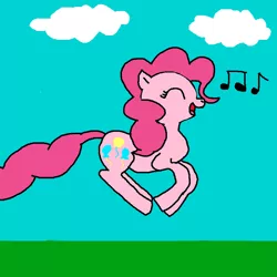 Size: 2000x2000 | Tagged: safe, artist:blazewing, derpibooru import, pinkie pie, earth pony, pony, cloud, colored background, drawpile, eyes closed, female, grass, high res, image, mare, music notes, newbie artist training grounds, open mouth, open smile, outdoors, png, pronking, singing, smiling, solo