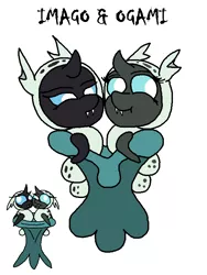 Size: 600x800 | Tagged: safe, artist:jasminerika, derpibooru import, oc, oc:imago, oc:ogami, unofficial characters only, changeling, changeling larva, baby changeling, changeling oc, changeling sisters, changeling twins, childhood, colored, crib, fangs, female, grub, image, larva, png, siblings, sisters, solo, twins