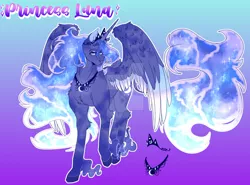 Size: 1920x1423 | Tagged: safe, artist:hazelthedevil, derpibooru import, princess luna, alicorn, pony, collar, crown, ethereal mane, fluffy, galaxy mane, glowing mane, image, jewelry, jpeg, moon, redesign, regalia, sparkles, starry mane