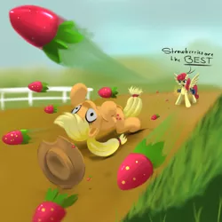 Size: 2000x2000 | Tagged: safe, artist:darksly, derpibooru import, applejack, strawberry sunrise, earth pony, pegasus, pony, bullet time, dodge, duo, duo female, female, high res, image, jpeg, mare, newbie artist training grounds, slow motion, spread wings, strawberry savage, the matrix, wings