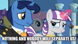 Size: 666x375 | Tagged: safe, derpibooru import, edit, edited screencap, screencap, night light, twilight velvet, a canterlot wedding, caption, crying, female, image, image macro, jpeg, male, nightvelvet, shipping, straight, text