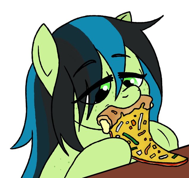 Size: 1274x1200 | Tagged: safe, artist:pony quarantine, ponerpics import, oc, oc:anonogee, unofficial characters only, pegasus, pony, female, filly, food, image, jpeg, parent:oc:apogee, parent:oc:filly anon, pizza, simple background, solo, white background