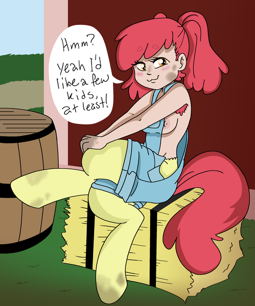 Size: 2534x3048 | Tagged: questionable, artist:/d/non, artist:gameboyadvancesp, derpibooru import, oc, oc:peach, unofficial characters only, satyr, armpit hair, barrel, female, hay bale, high res, image, parent:apple bloom, png, solo, solo female