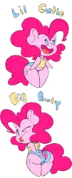Size: 784x1940 | Tagged: suggestive, artist:purple-yoshi-draws, color edit, derpibooru import, edit, editor:datzigga, pinkie pie, anthro, earth pony, adorasexy, balloonbutt, butt, clothes, colored, cute, female, happy, image, open mouth, png, sexy, solo, text, thighs, thunder thighs, tongue out