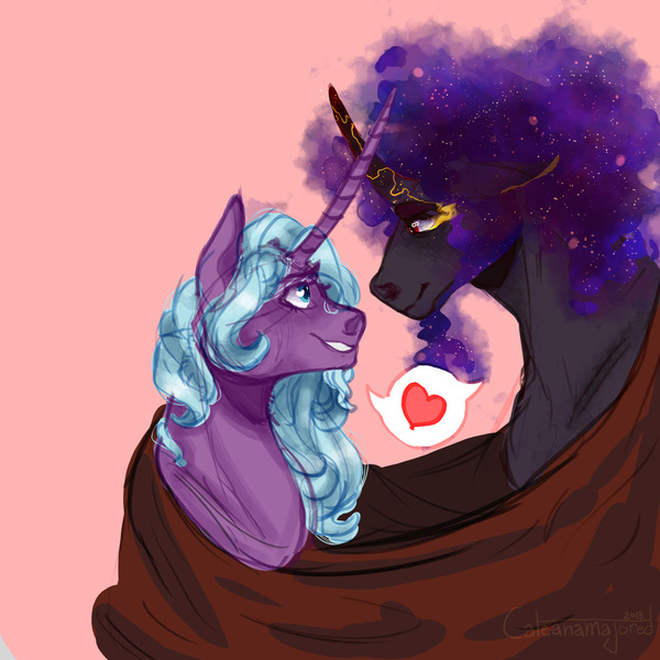 Size: 1280x1280 | Tagged: safe, artist:lambentmlp, derpibooru import, idw, king sombra, radiant hope, pony, umbrum, unicorn, alternate design, cloak, clothes, female, hopebra, horn, horns are touching, image, jpeg, looking at each other, male, mare, shipping, simple background, stallion, straight