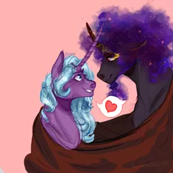 Size: 1280x1280 | Tagged: safe, artist:lambentmlp, derpibooru import, idw, king sombra, radiant hope, pony, umbrum, unicorn, alternate design, cloak, clothes, female, hopebra, horn, horns are touching, image, jpeg, looking at each other, male, mare, shipping, simple background, stallion, straight