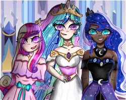 Size: 1080x855 | Tagged: safe, artist:_jytte.draw_, derpibooru import, princess cadance, princess celestia, princess luna, human, clothes, dark skin, dress, ethereal mane, eye clipping through hair, eyelashes, female, hand on hip, humanized, image, indoors, jewelry, jpeg, open mouth, signature, starry mane, tiara