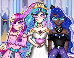 Size: 1080x856 | Tagged: safe, alternate version, artist:_jytte.draw_, derpibooru import, princess cadance, princess celestia, princess luna, human, clothes, dark skin, dress, ethereal mane, eye clipping through hair, eyelashes, female, hand on hip, humanized, image, indoors, jewelry, jpeg, open mouth, signature, starry mane, tiara