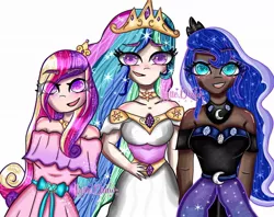 Size: 1080x856 | Tagged: safe, alternate version, artist:_jytte.draw_, derpibooru import, princess cadance, princess celestia, princess luna, human, background removed, clothes, dark skin, dress, ethereal mane, eye clipping through hair, eyelashes, female, hand on hip, humanized, image, jewelry, jpeg, open mouth, signature, simple background, starry mane, tiara, white background